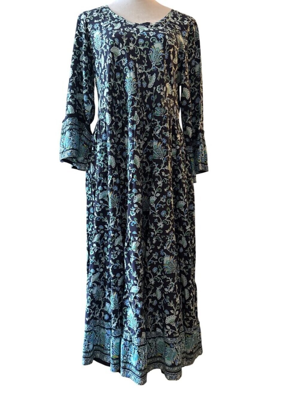 Soft Surroundings Navy Floral Paisley Maxi Bohemian Bell Sleeves Dress